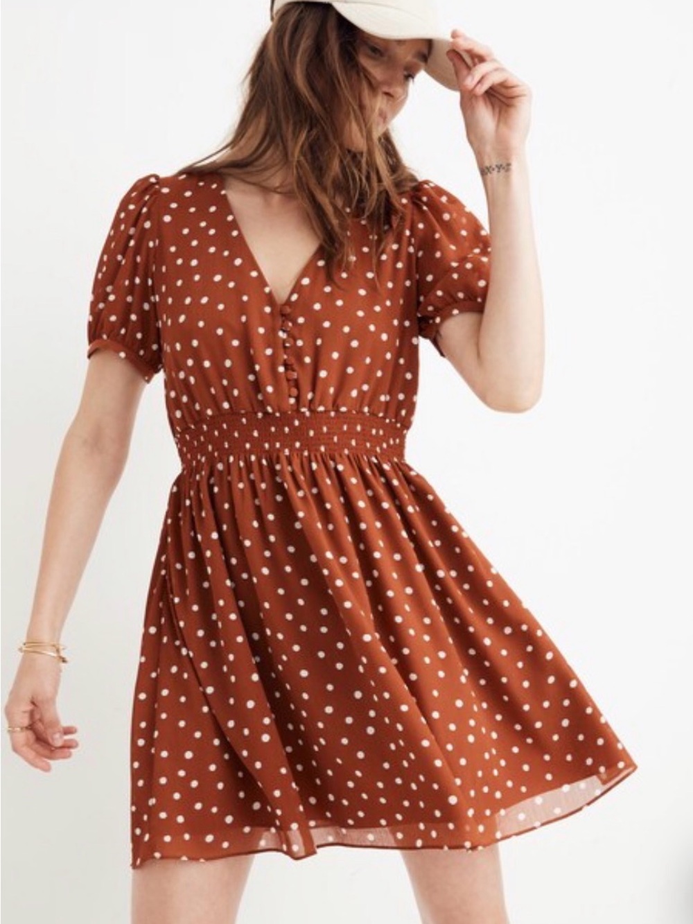 Madewell Rust Brown Polka Dot Smocked Waist Mini Dress